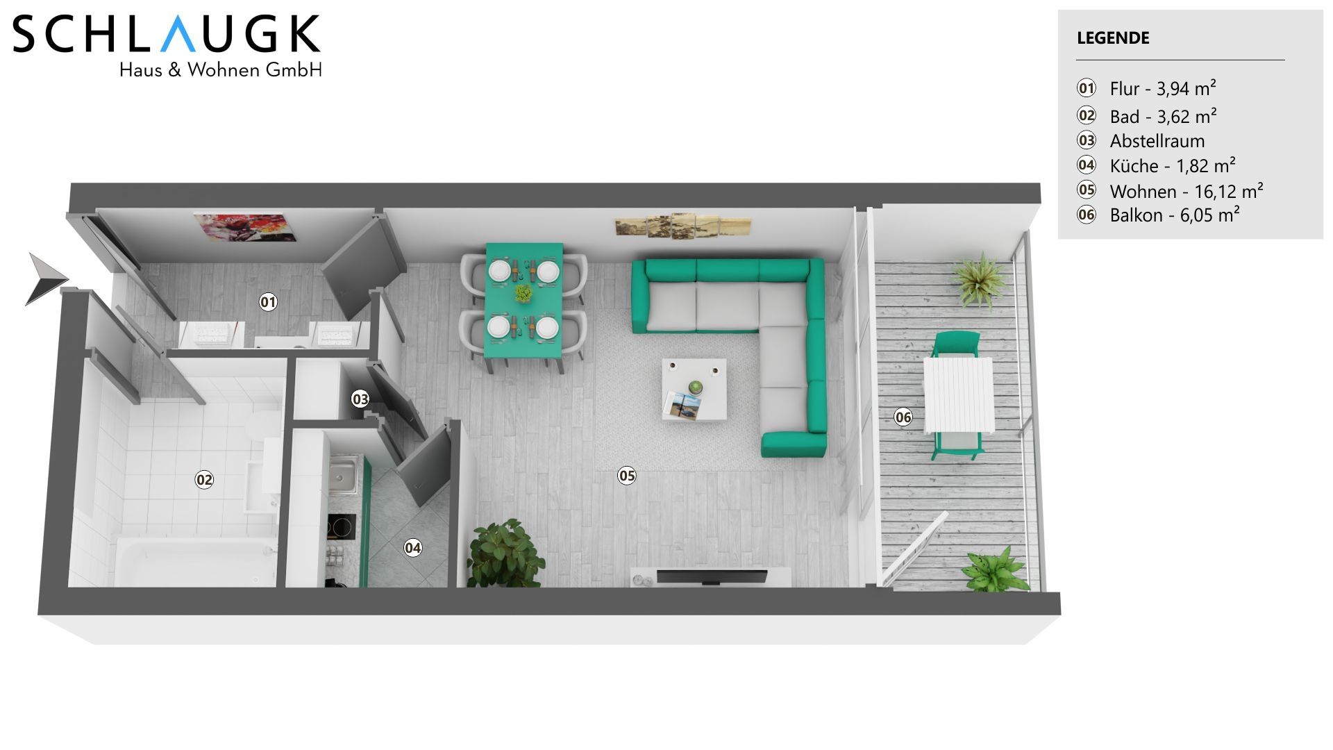 Rohdiamant: leere 1-Zimmer-Wohnung mit Balkon